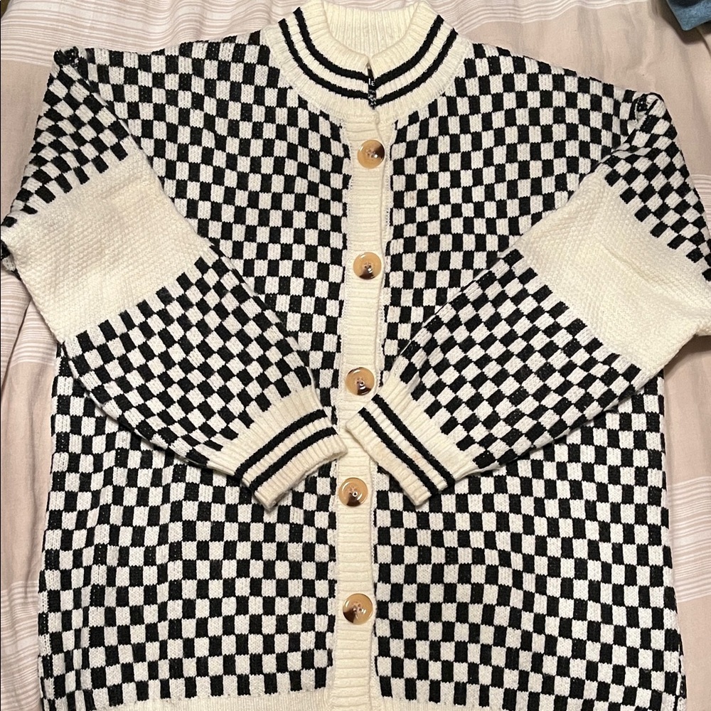 Dressed in Lala Grandpa Checkered Black and White Women's Cardigan